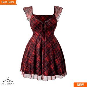 Vintage Plaid Mini Dress Gingham Cap Sleeve Flared A Line Retro Chic